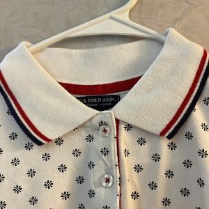 US Polo Association White Polo with Navy Pattern, NWOT, Size XS